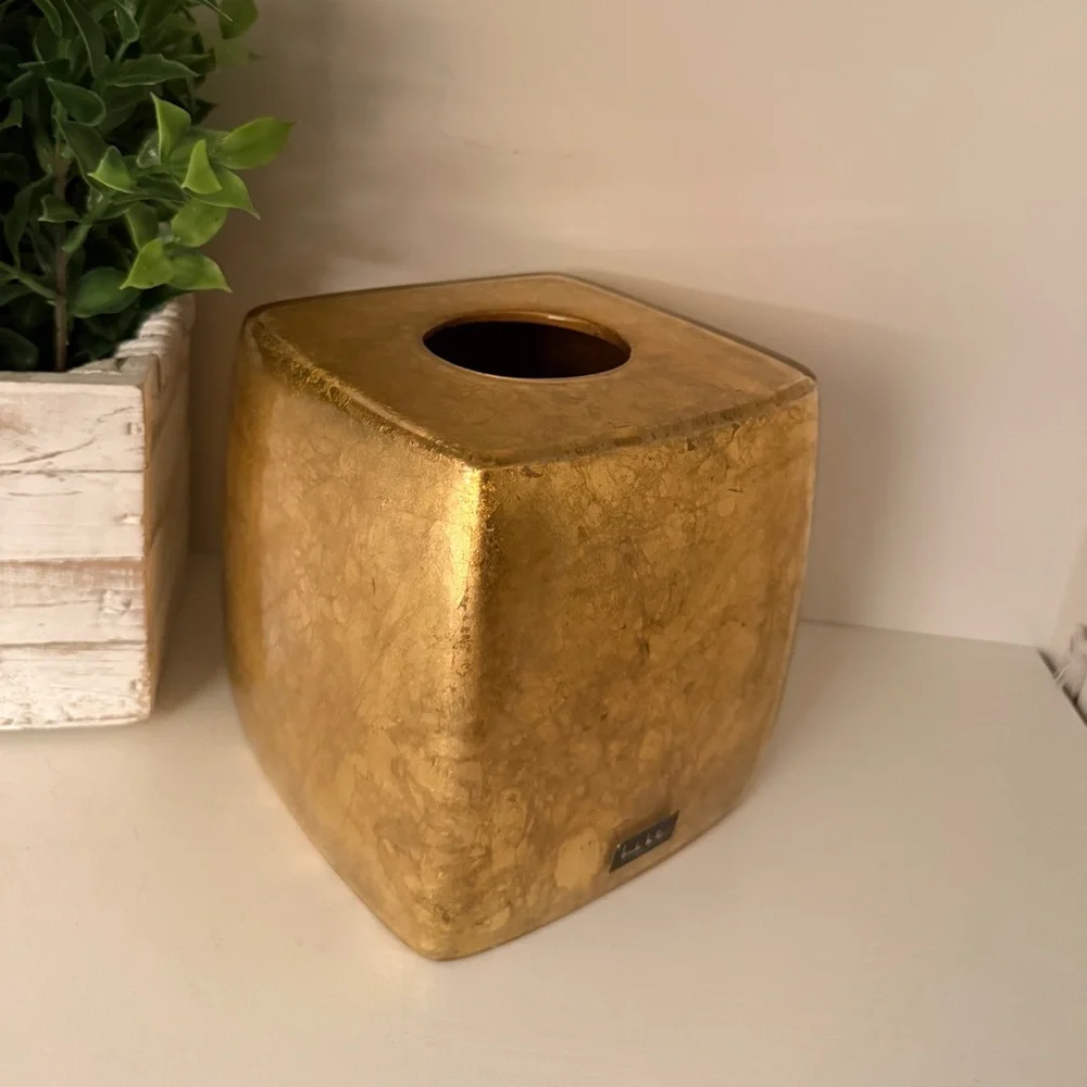 Nicole Miller Golden Rule Gold Swirl Lucite Glam Bathroom Tissue Box Holder